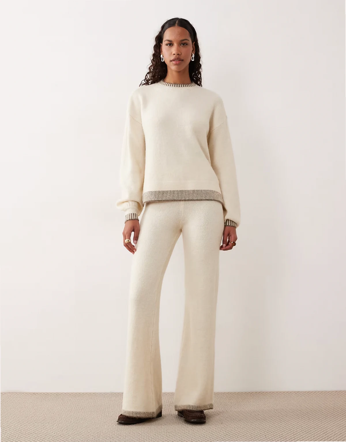 contrast trim knit wide leg pants in cream - part of a set