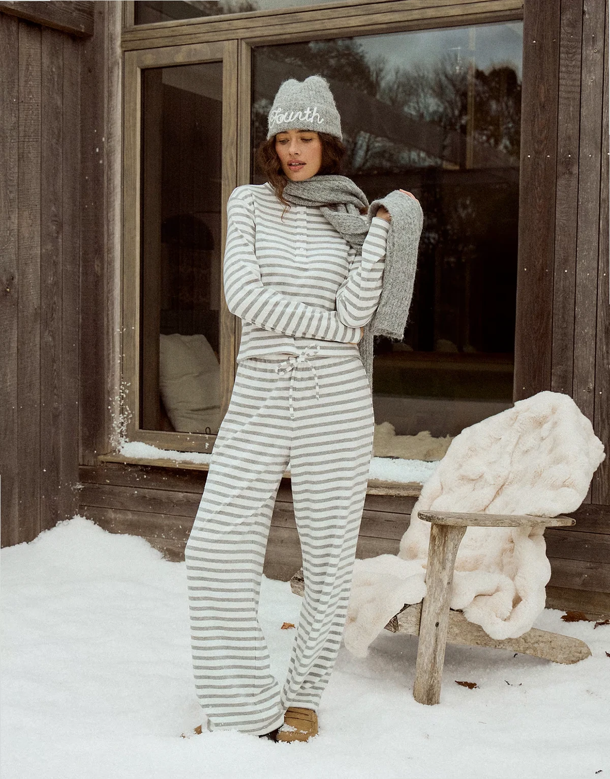cotton blend ribbed tie waist relaxed wide leg pants in gray & white stripe - part of a set