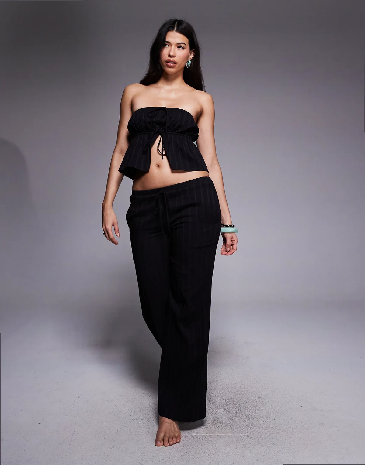 exclusive cotton rich cheesecloth broderie tie waist wide leg beach pants in black - part of a set