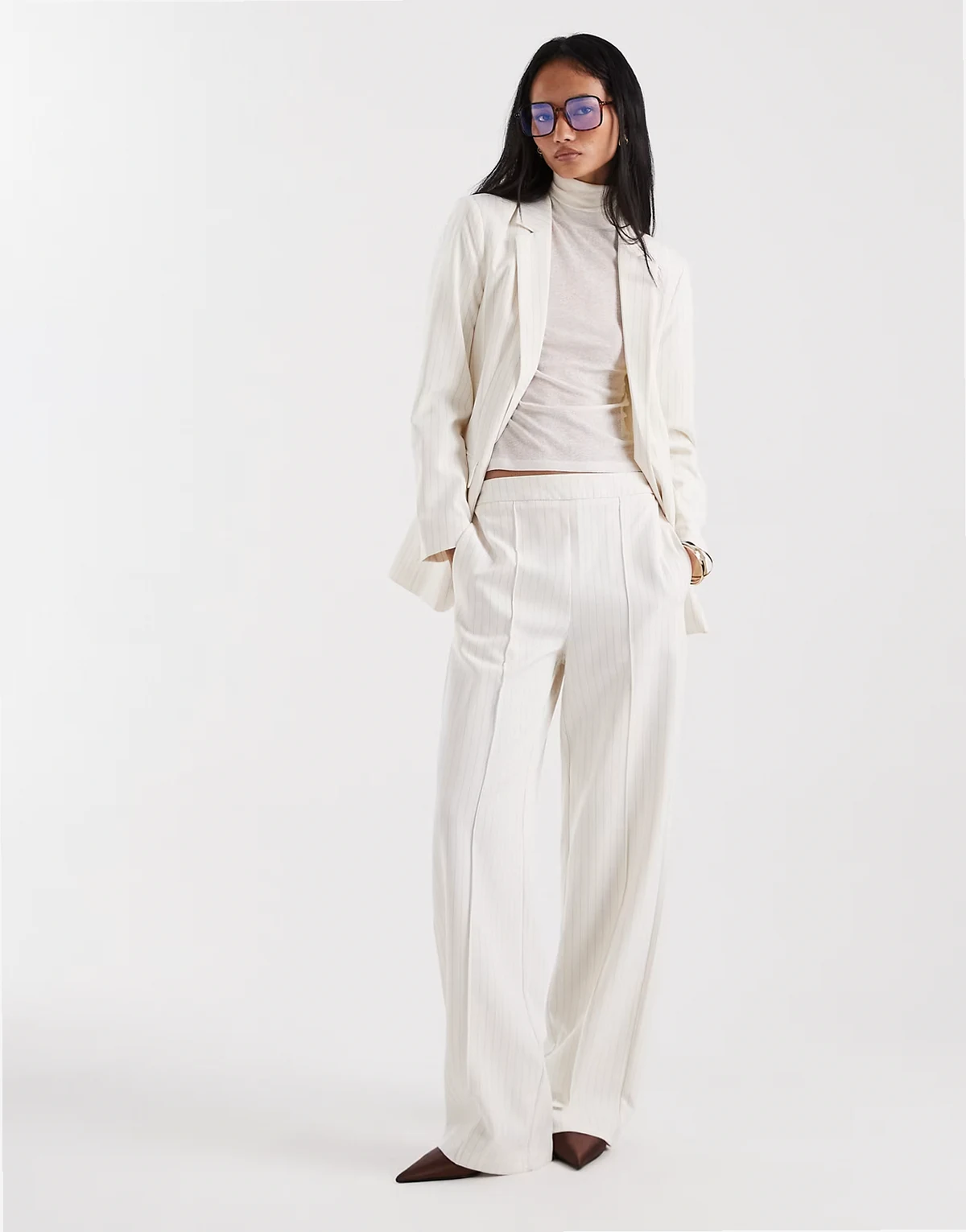 tailored wide leg pants in birch cream pinstripe - part of a set