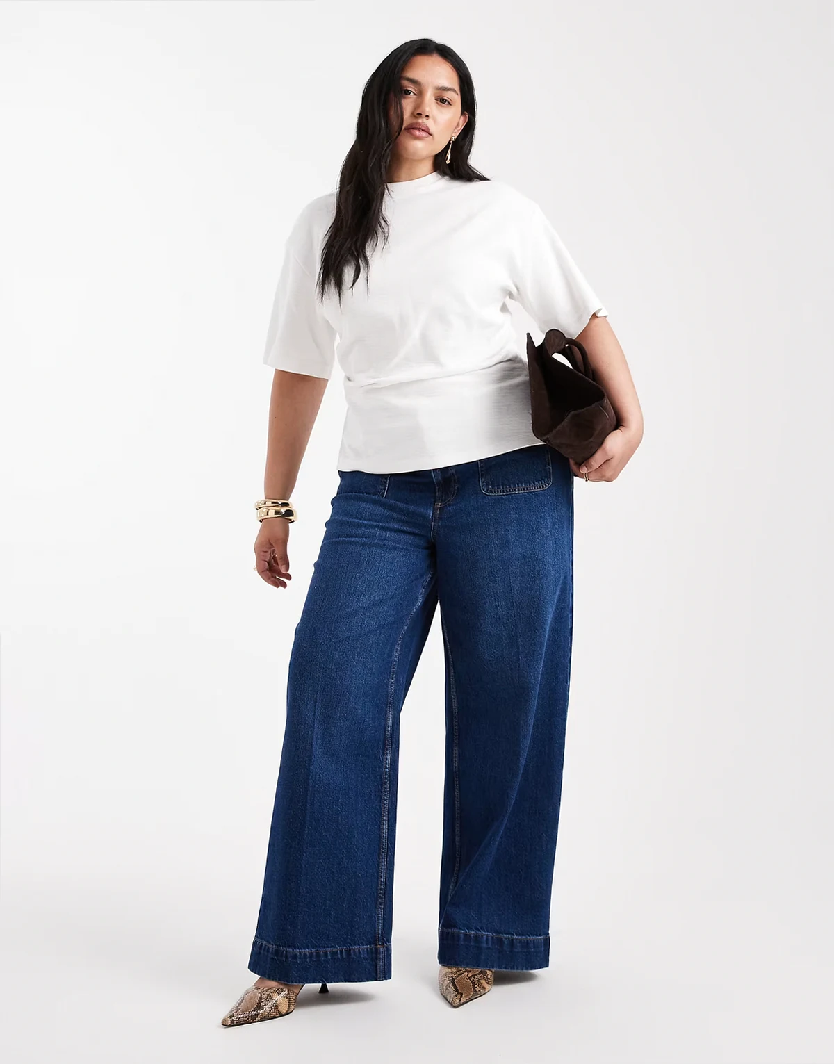 ASOS DESIGN Curve – Ciemnoniebieskie jeansy z szerokimi nogawkami, podwyższonym stanem i kieszeniami z przodu