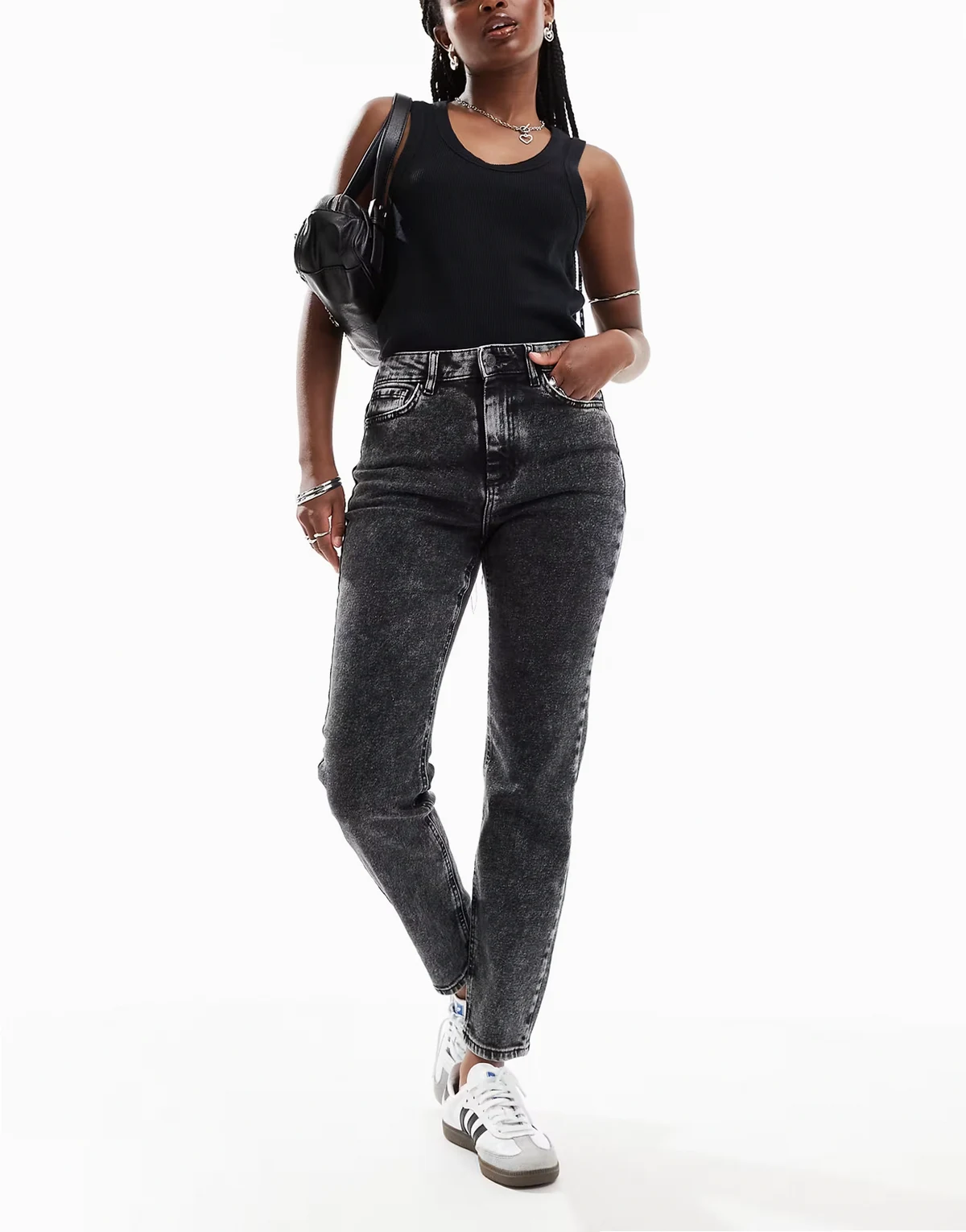 – Moni – Slim-Fit-Straight Jeans in dunkelgrauer Waschung mit hohem Bund