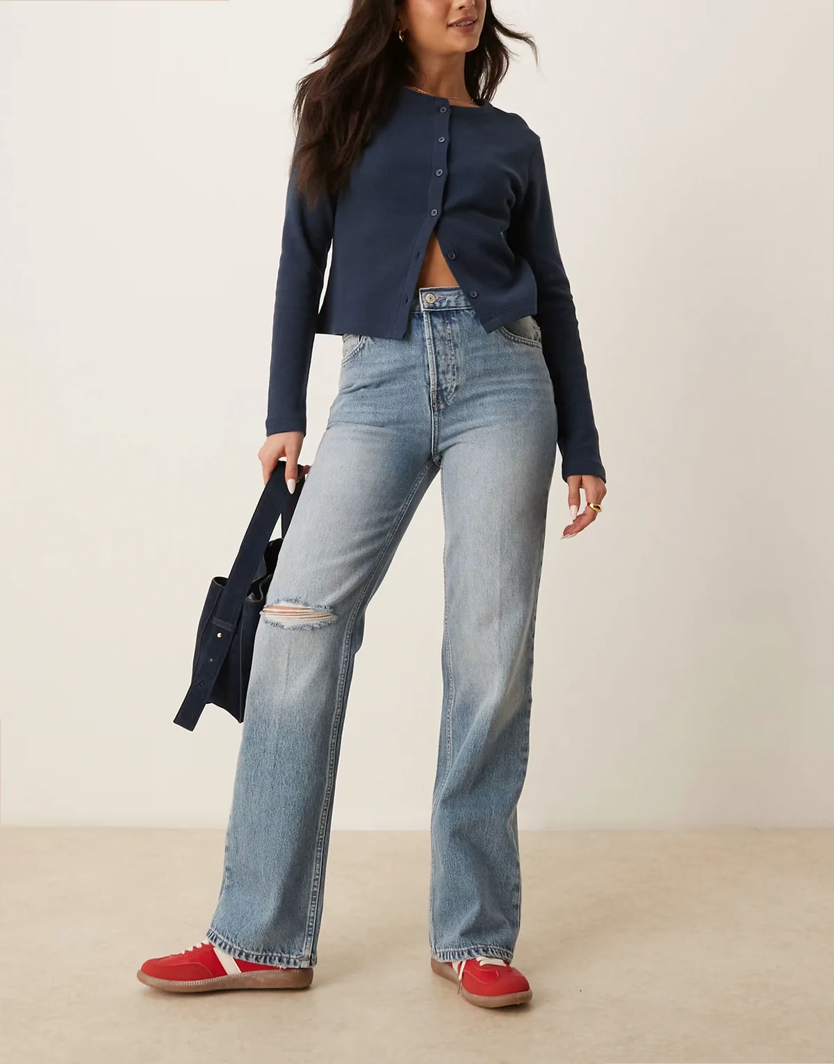 holly bootcut distressed knee jeans in cambridge blue