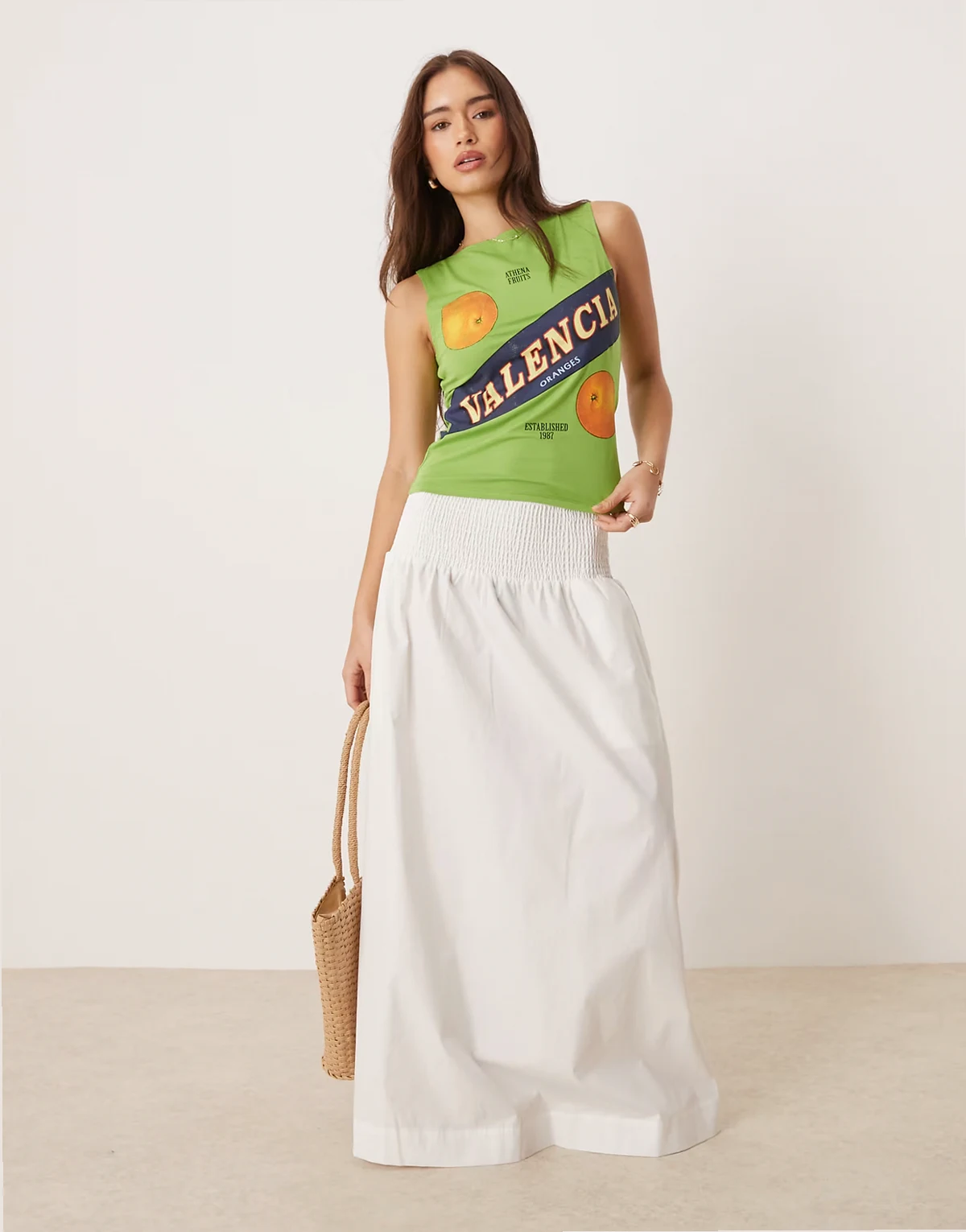 shirred waistband poplin boho skirt in cream