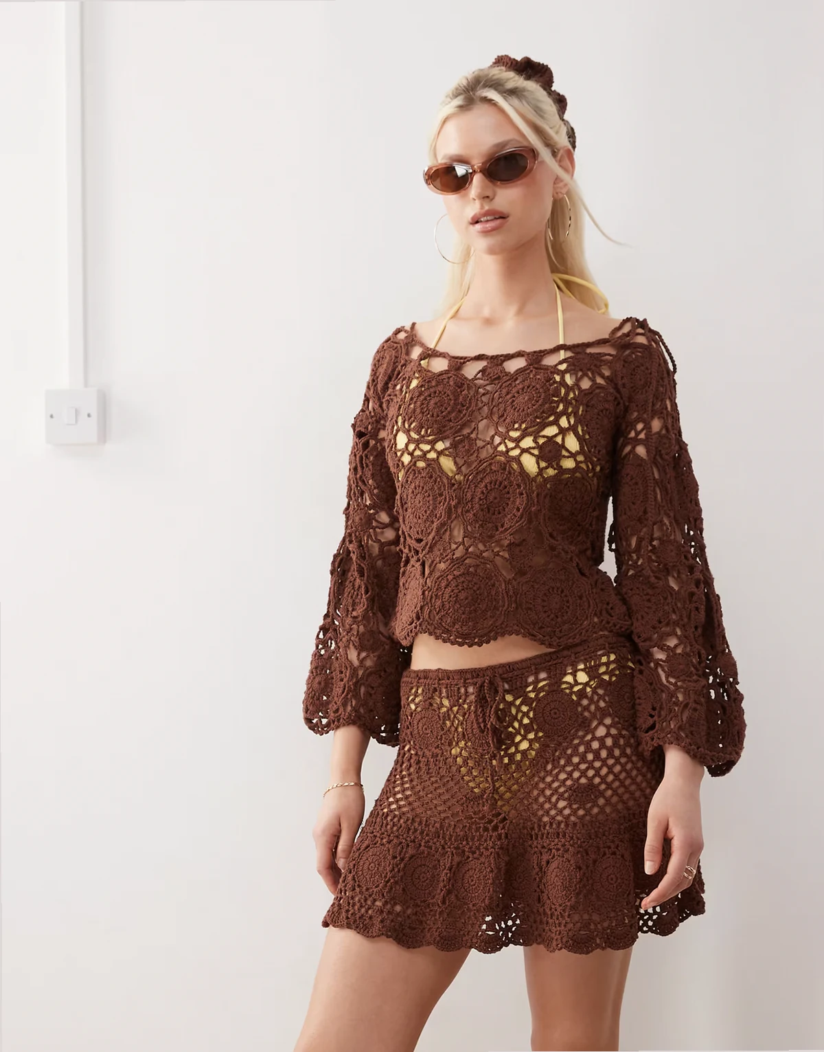 Limited Edition hand crochet mini skirt in chocolate brown - part of a set
