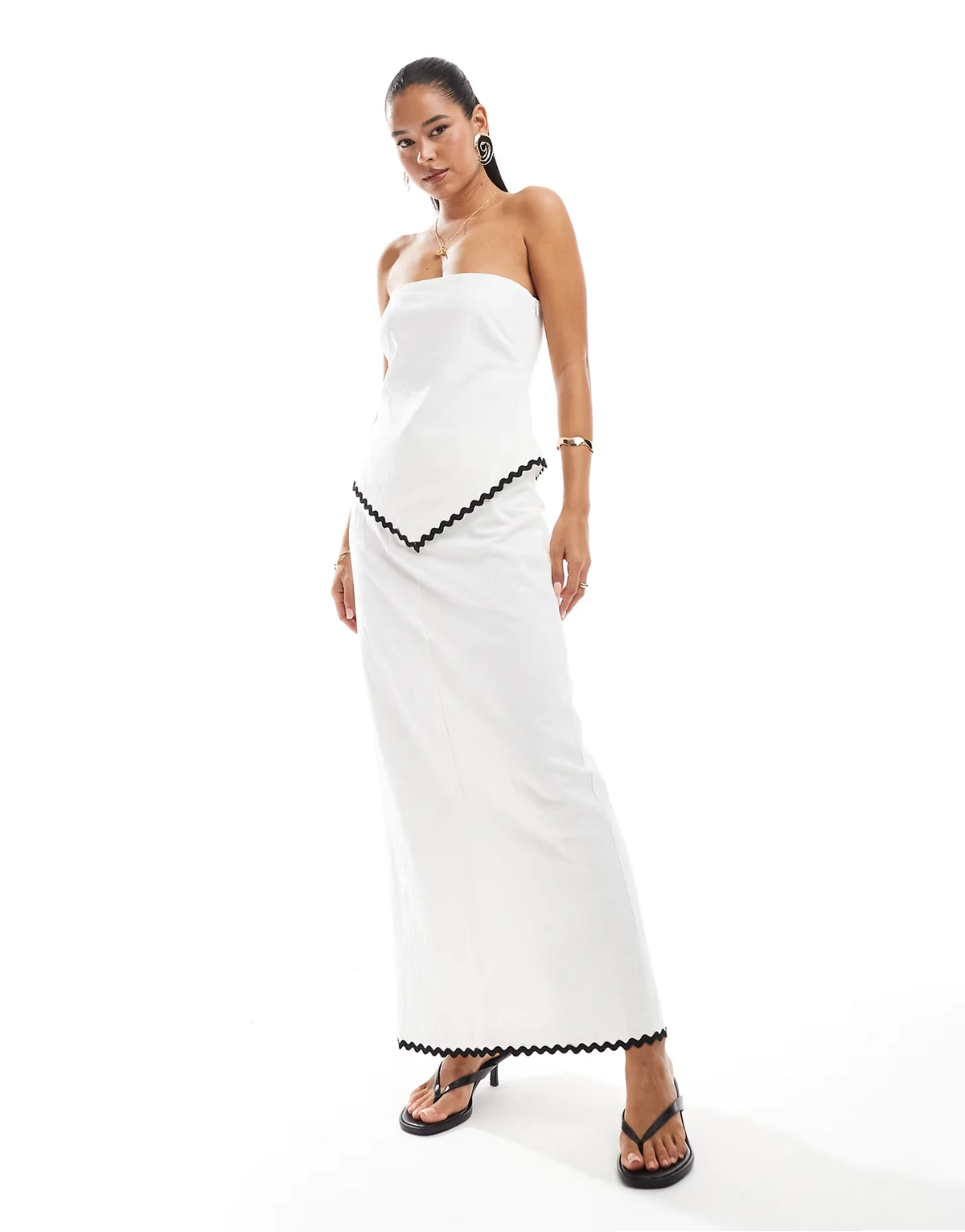 linen look cotton contrast rick rack trim maxi skirt in white - part of a set