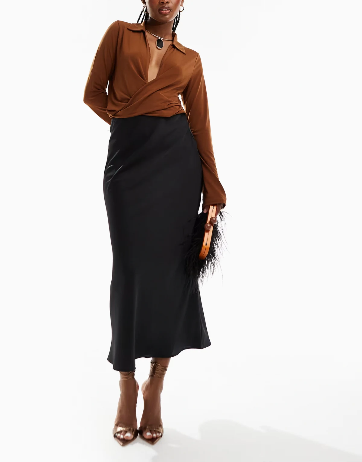 satin midi skirt in black