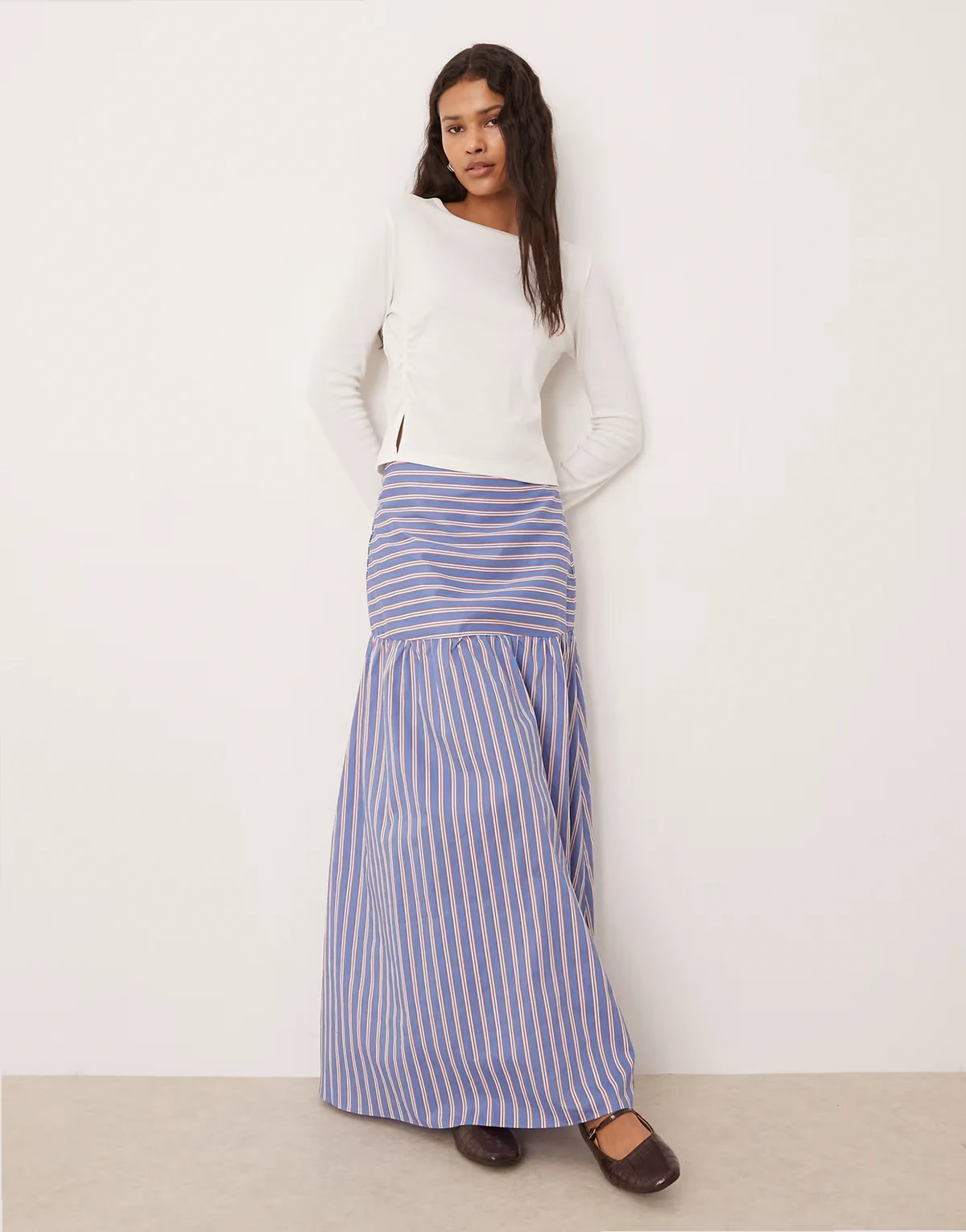 contrast spliced maxi skirt in orange/blue stripe