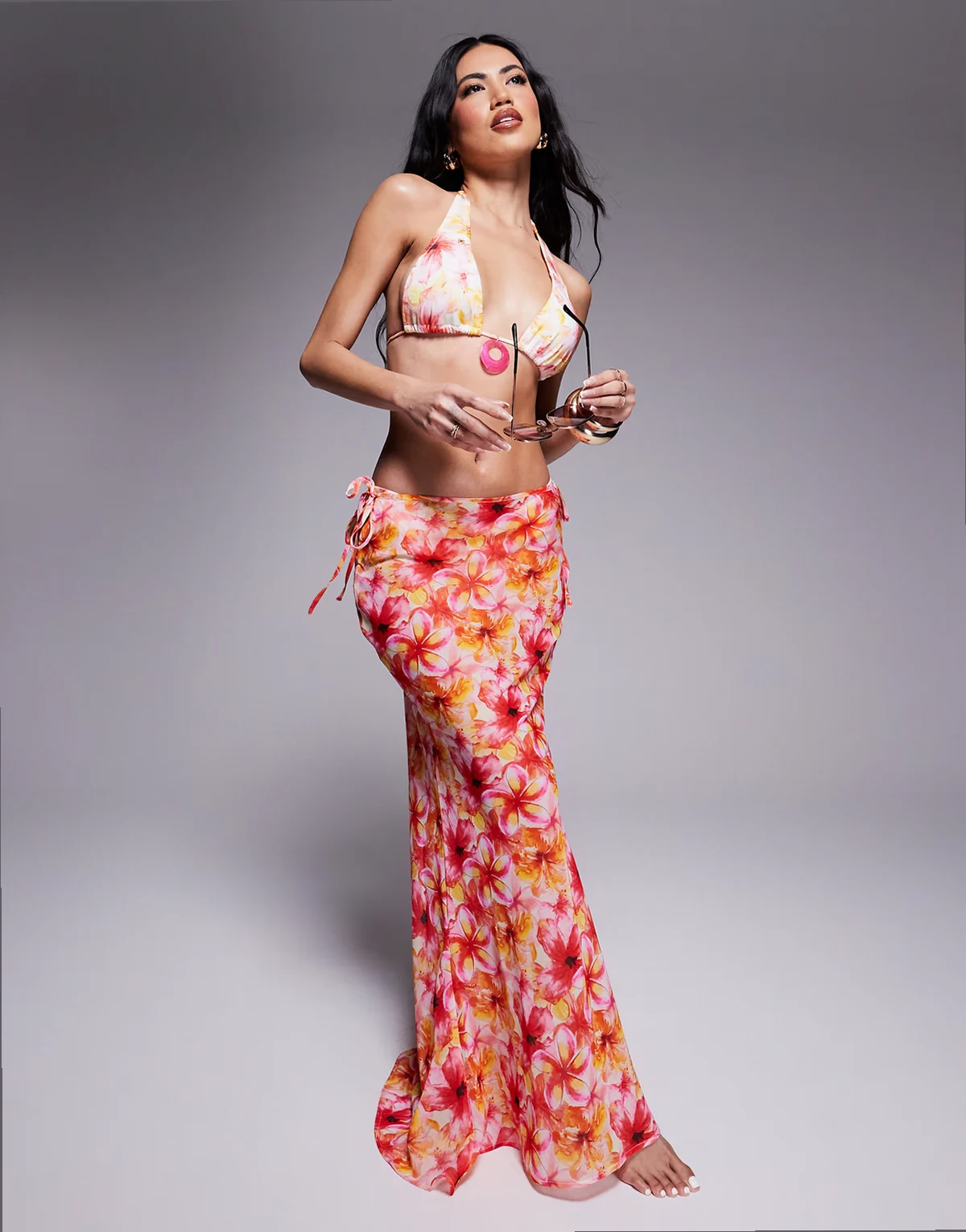 floral abstract print polygeorgette maxi beach skirt in pink