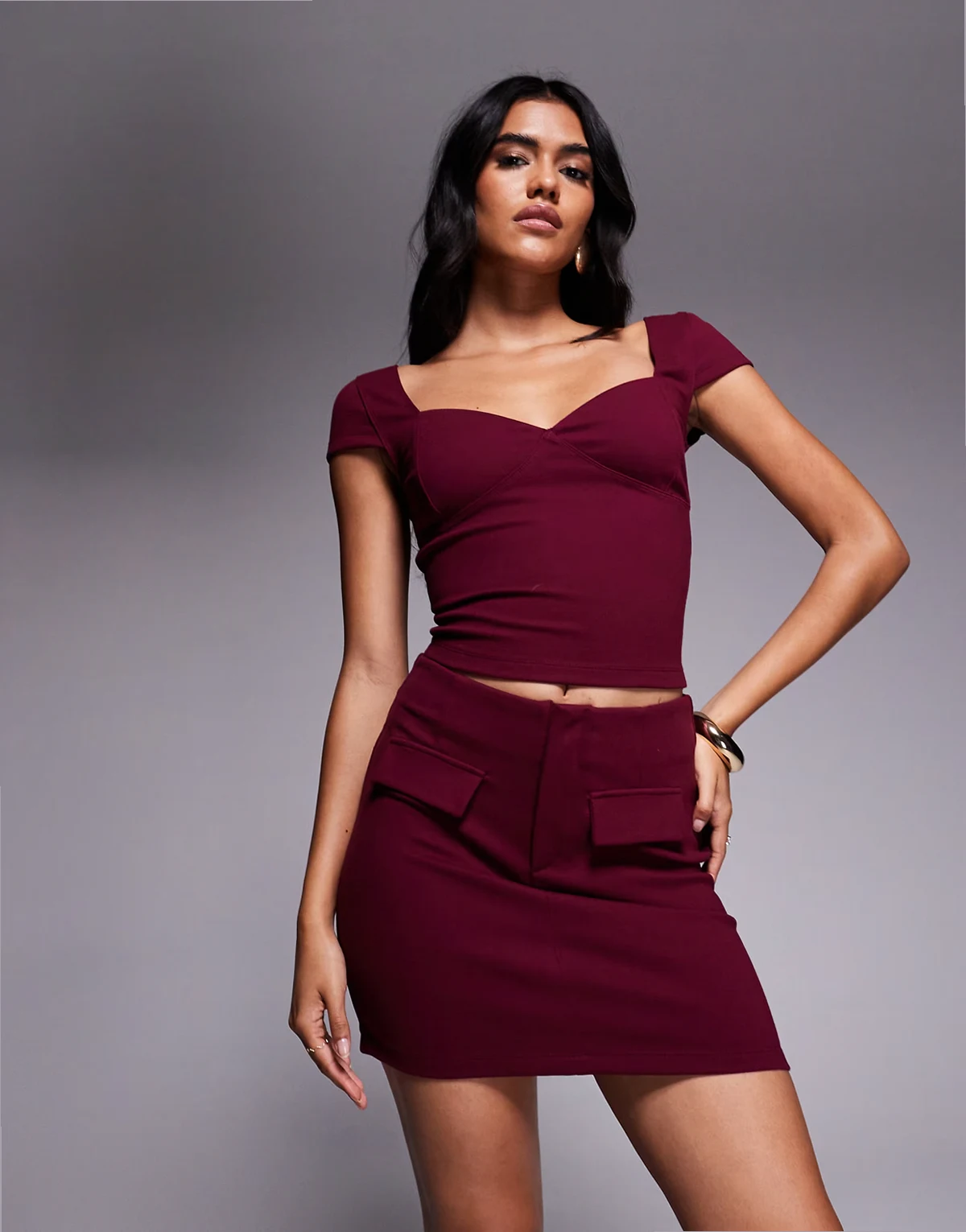 ponte mini skirt with pocket detail in burgundy - part of a set
