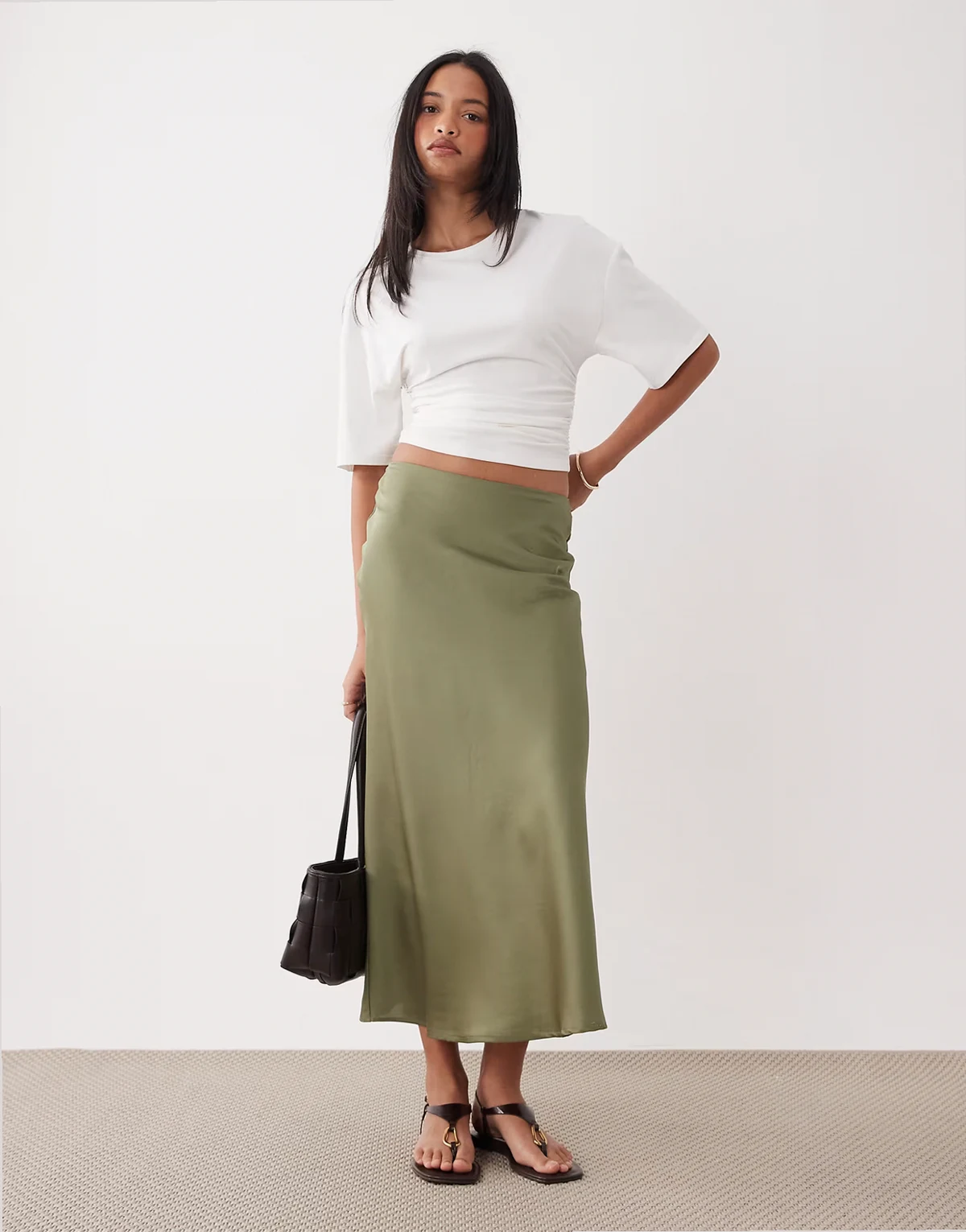 satin maxi skirt in oil green