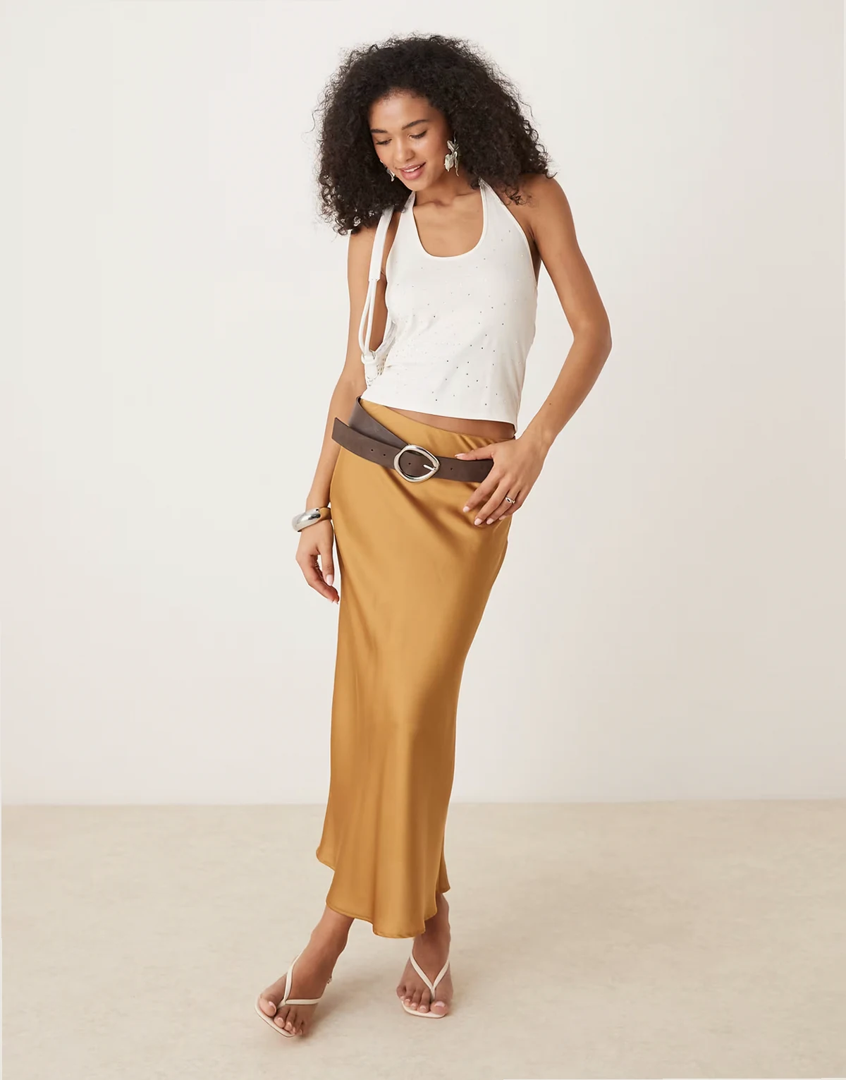 satin maxi skirt in light brown