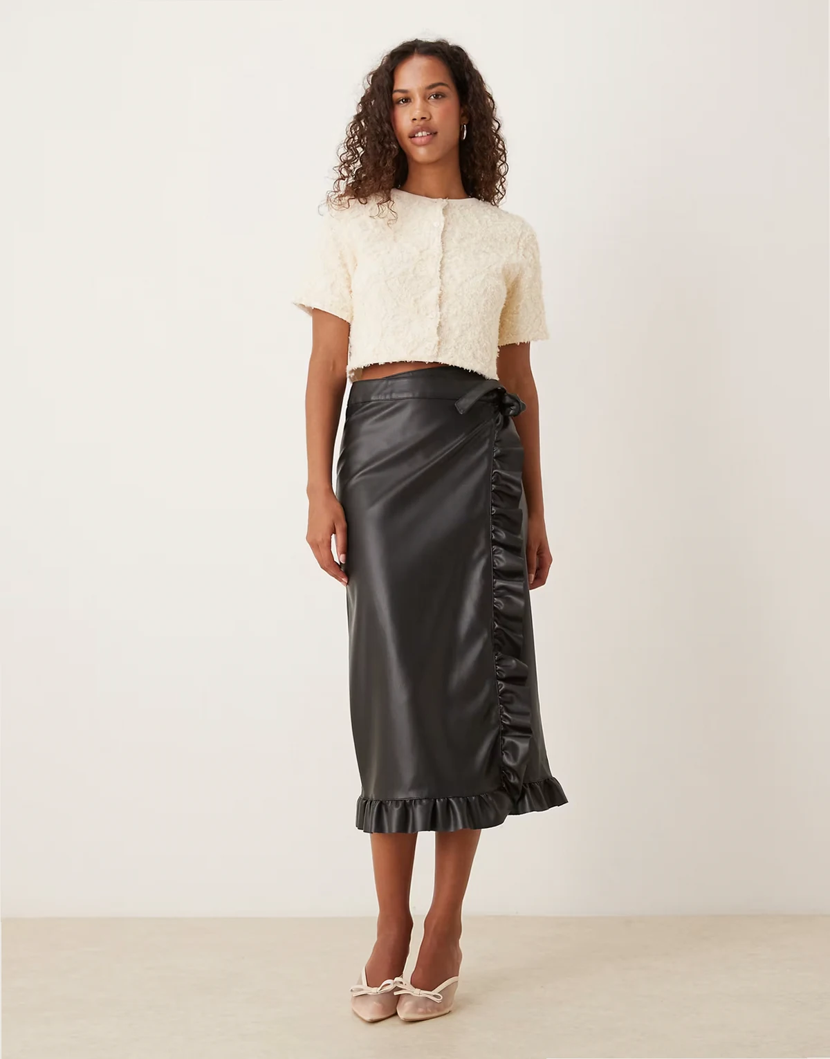 Jaspre PU ruffle midi skirt in black