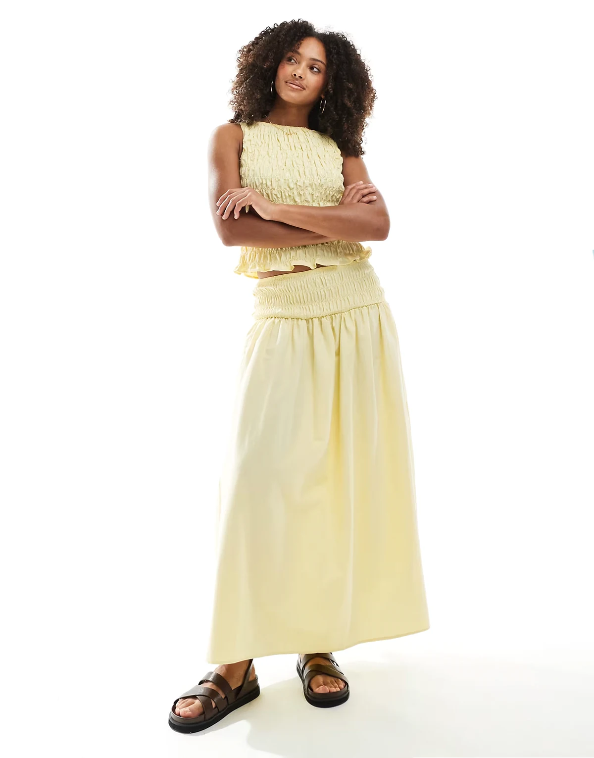 linen blend shirred waist maxi skirt in buttermilk