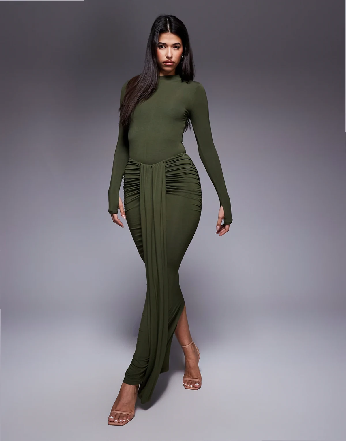 exclusive Nara sculpting second skin drape front maxi skirt in olive - part of a set