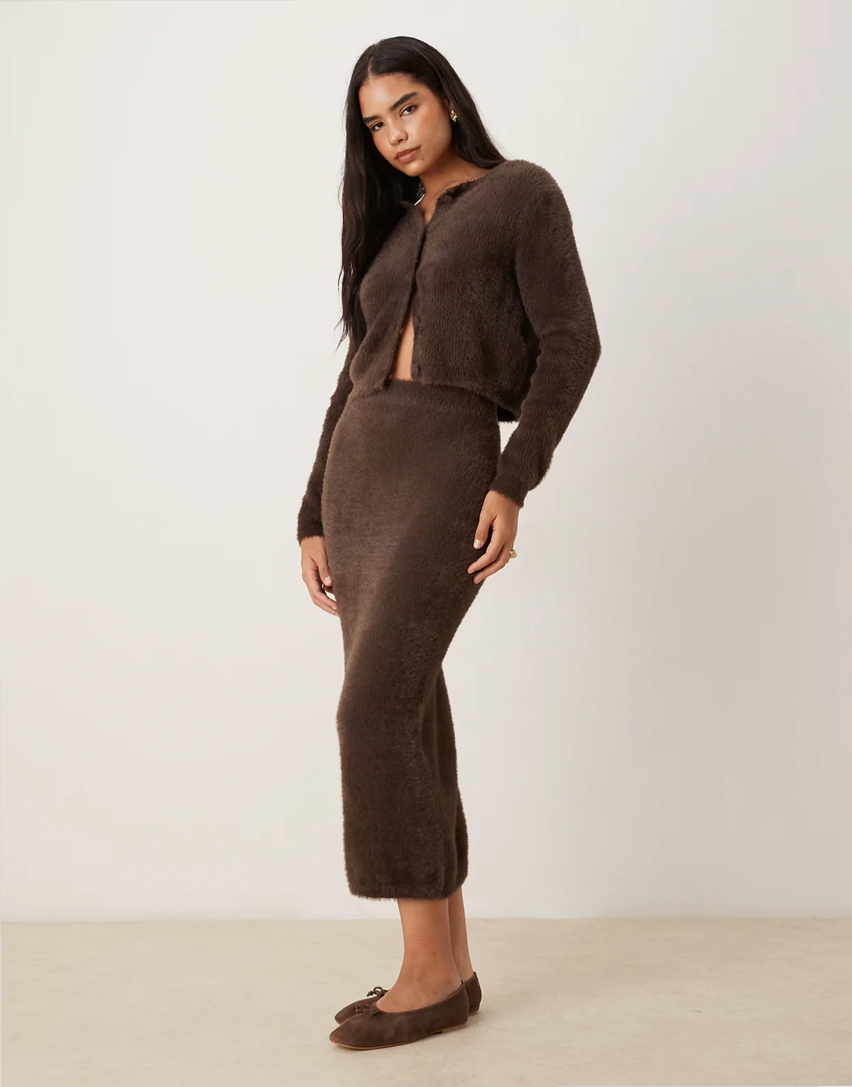 super soft fluffy maxi skirt in chocolate brown - part of a set