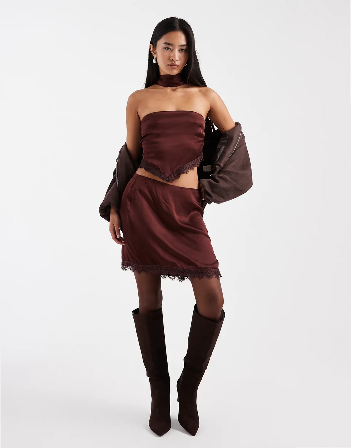 scalloped edge mini skirt in chocolate - part of a set