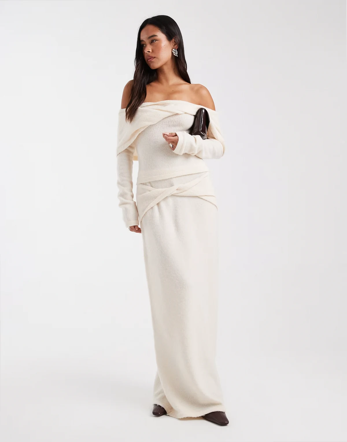 knit twist front detail maxi skirt in cream - part of a set
