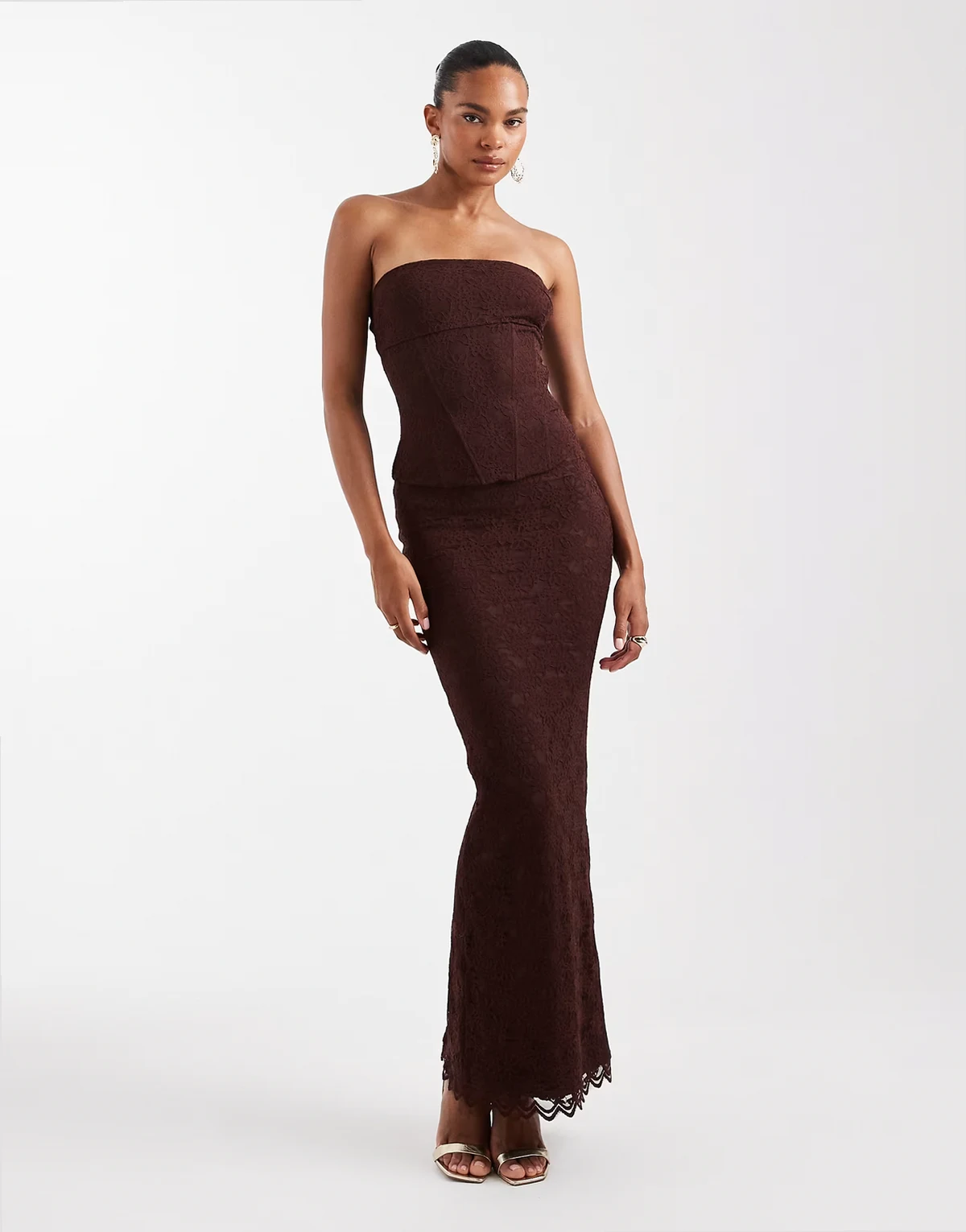 Wander Doll Lacie lace high waisted fishtail hem maxi skirt in espresso - part of a set