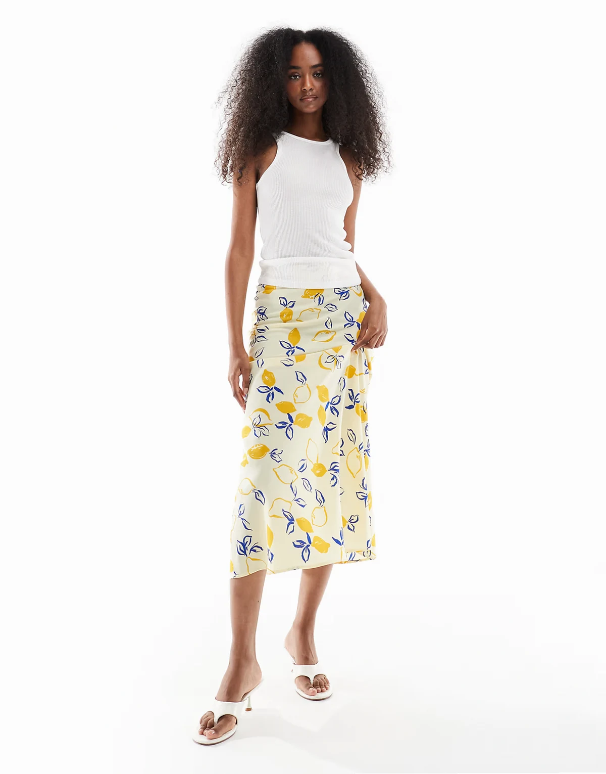 – Asymmetrischer Midaxirock in Gelb mit Zitronenmuster