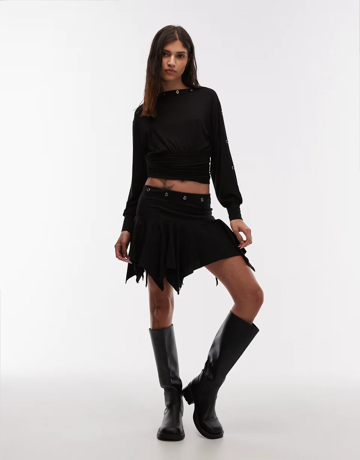hanky hem mini skirt with eyelet detail in black