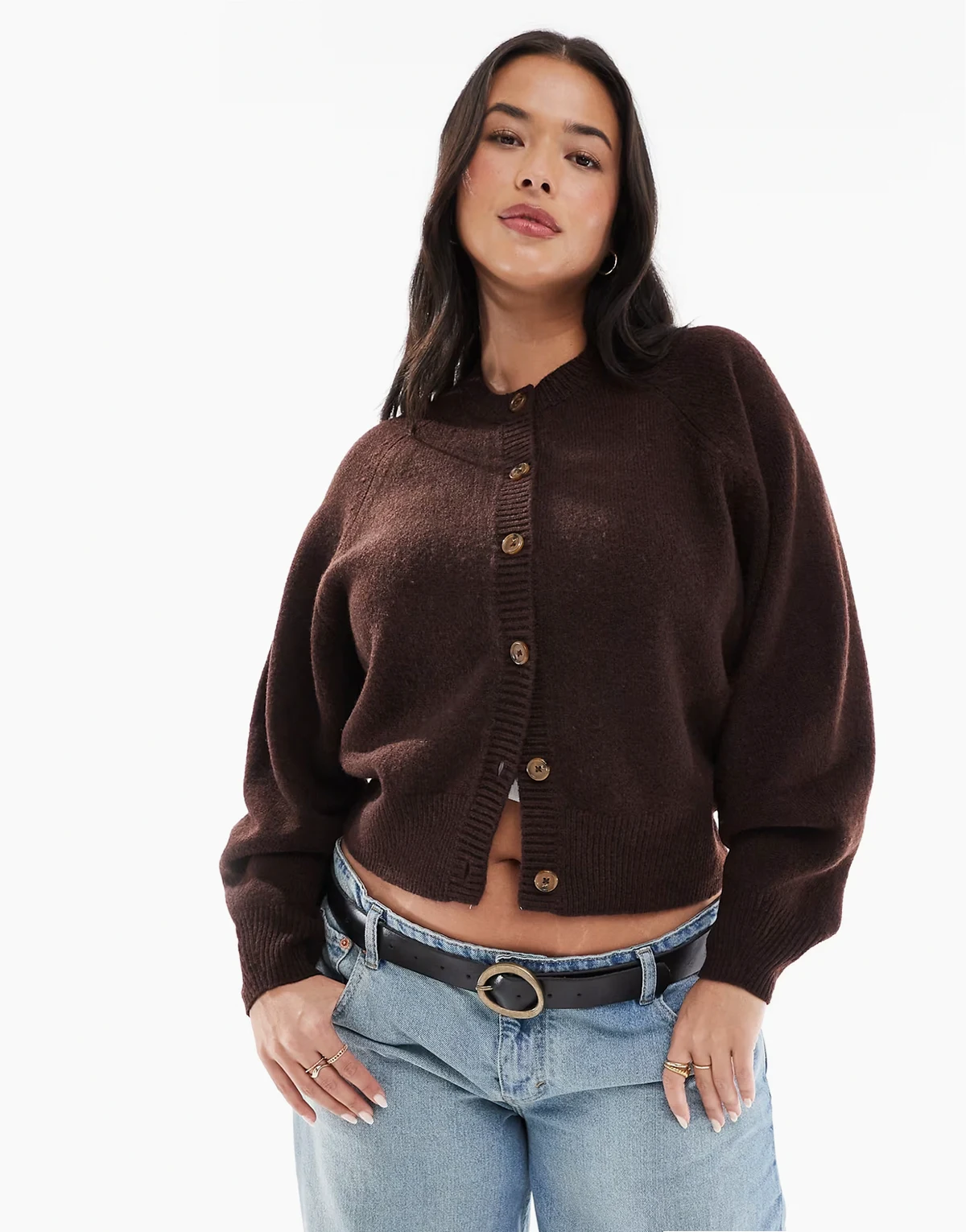 ASOS DESIGN Curve – Czekoladowy kardigan z okrągłym dekoltem i raglanowymi rękawami