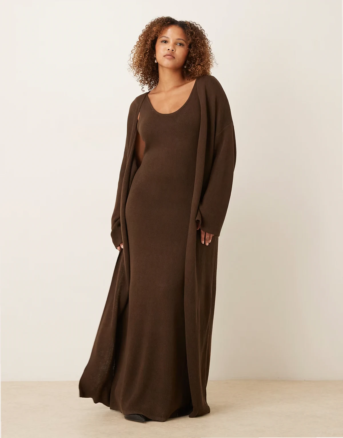 knit longline cardigan in brown - part of a set