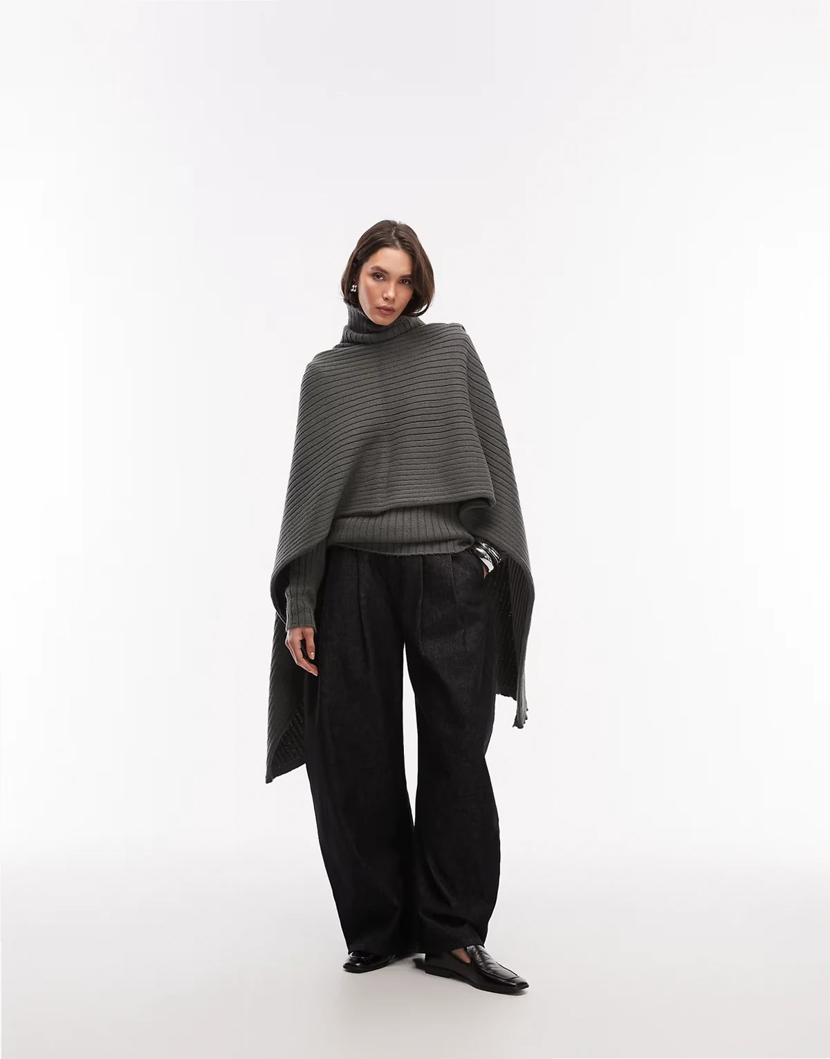 knit funnel neck sweater with re-attachable scarf in charcoal