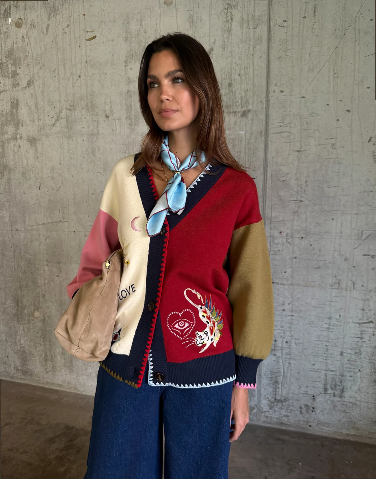 knit V-neck embroidered color block cardigan in red and cream