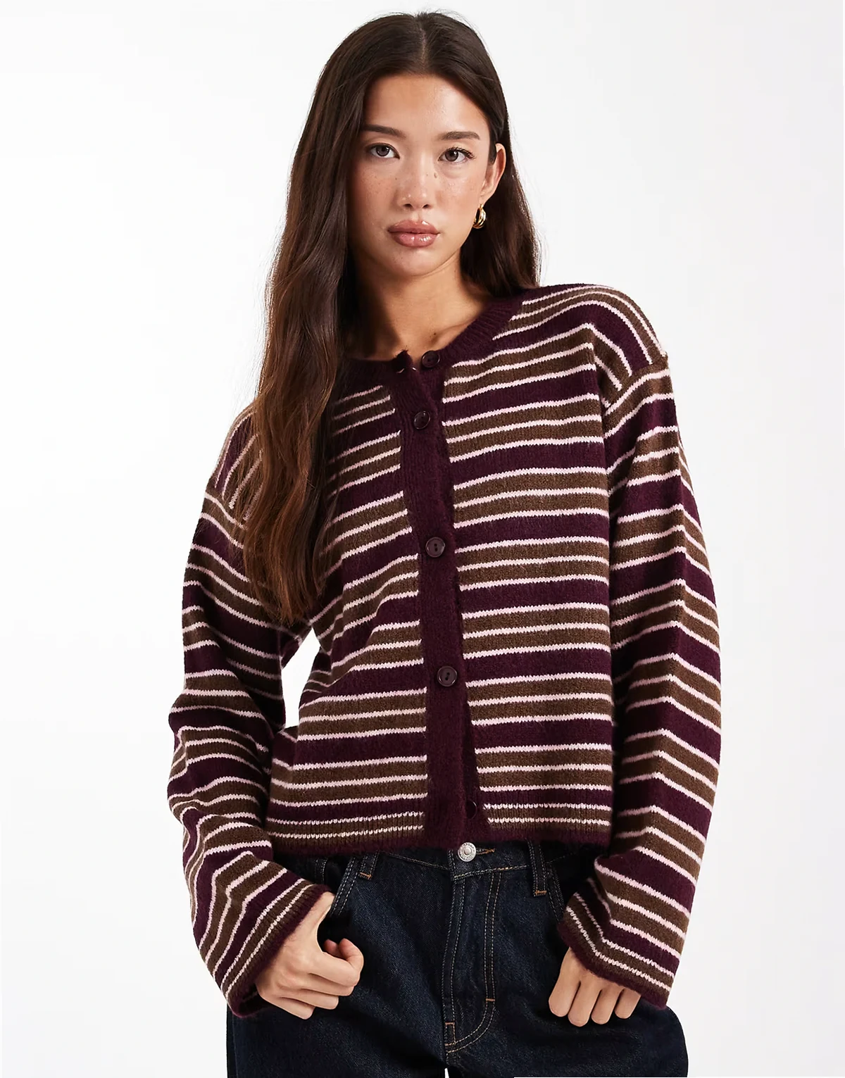 fluffy knit boxy fit cardigan in pink stripes
