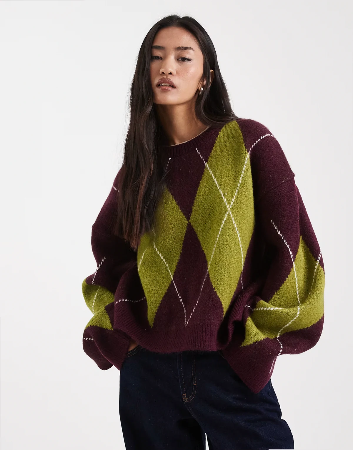 fluffy knit argyle sweater in plum