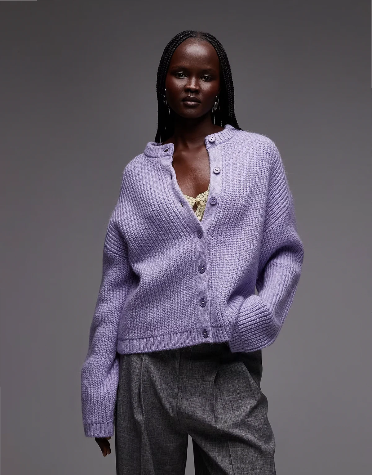 oversized knit crew neck cardigan in lilac