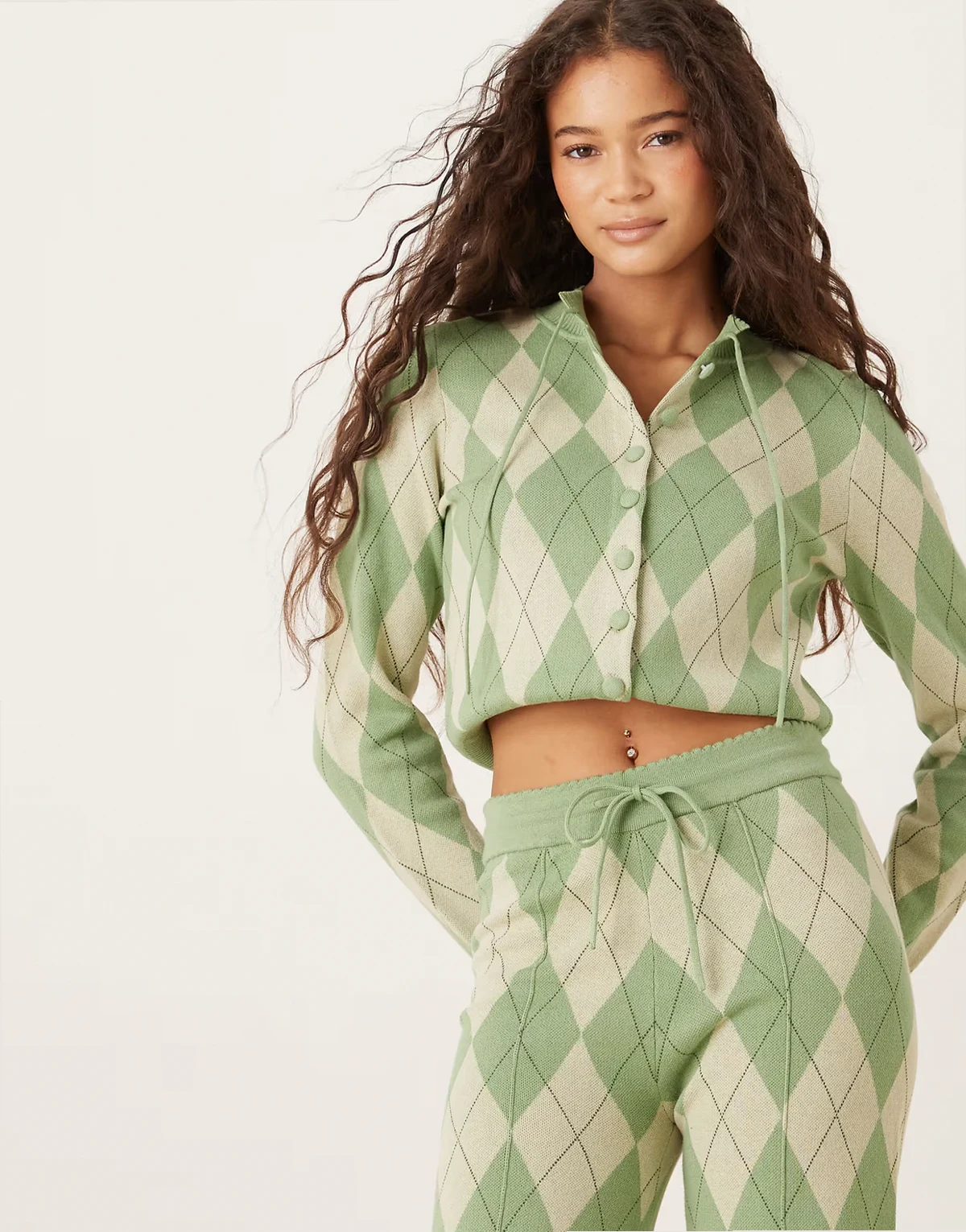 Argyle lounge cardigan in matcha green - part of a set
