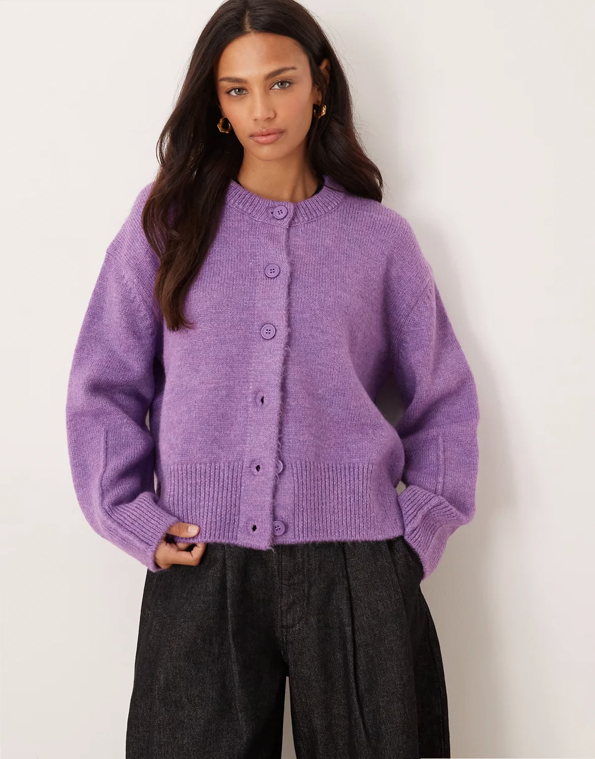 boxy crew neck cardigan with side slit detail in lavender