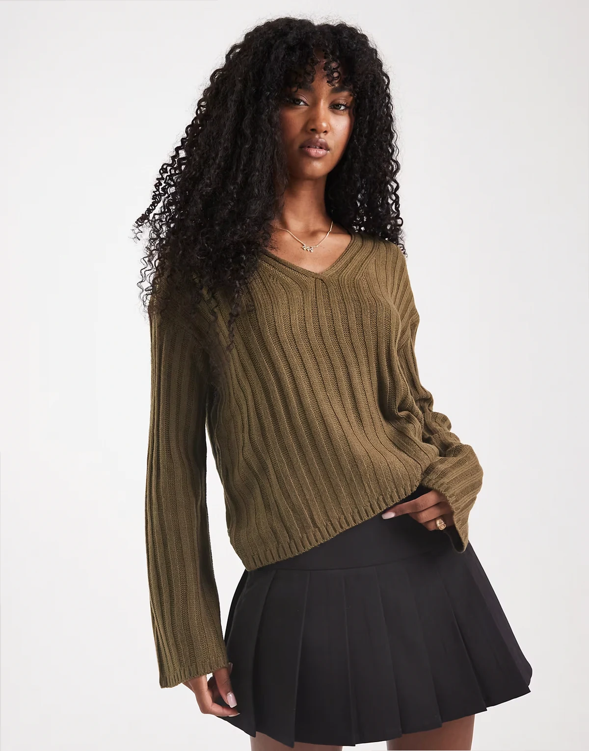 ribbed V-neck sweater in khaki