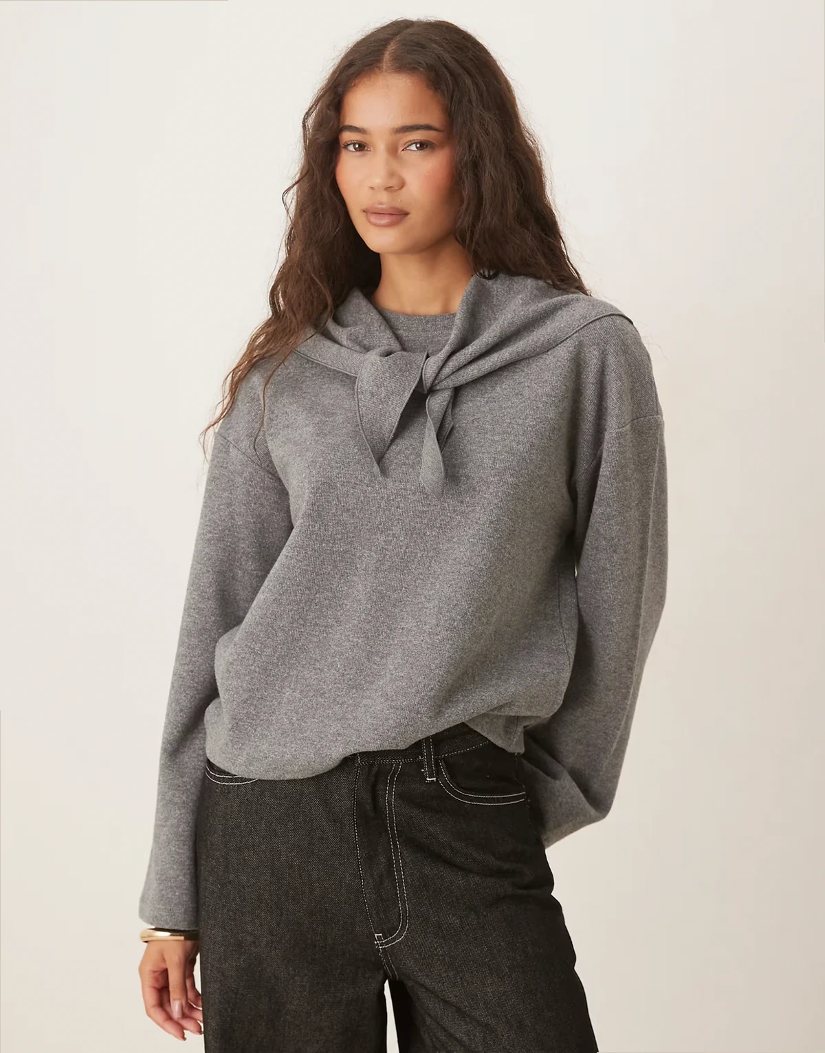 soft touch sweater with scarf detail in charcoal