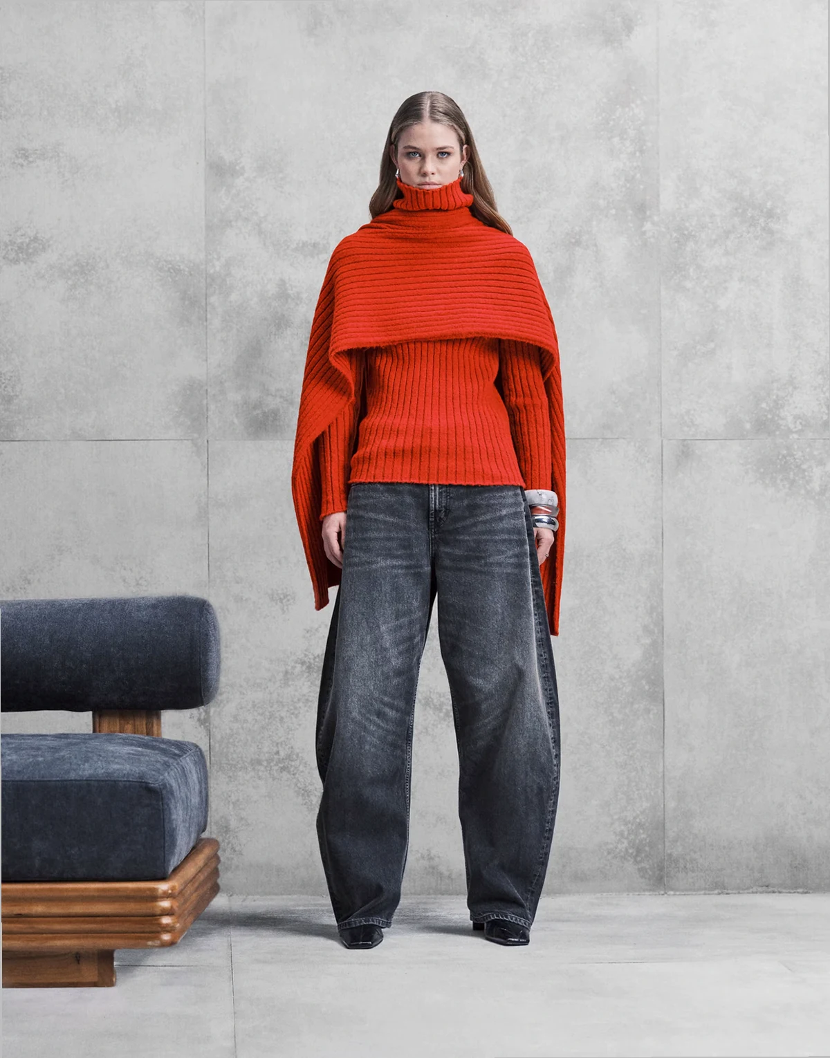 knit funnel neck sweater with re-attachable scarf in red