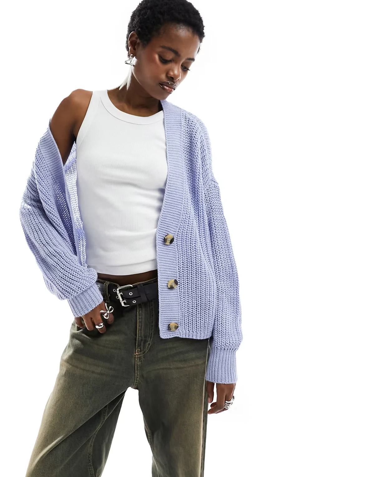 – Gerippte Strickjacke in Blassblau mit Knopfleiste