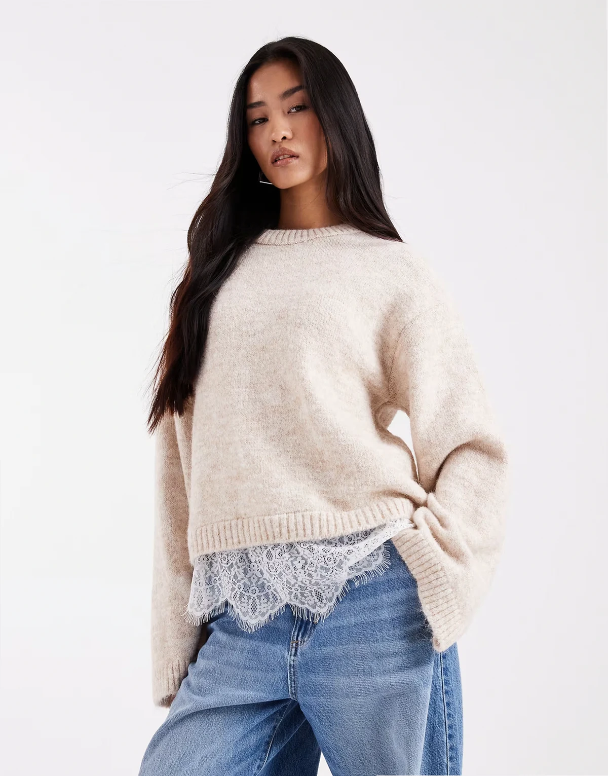 knit fluffy wide sleeve sweater with lace hem in ecru
