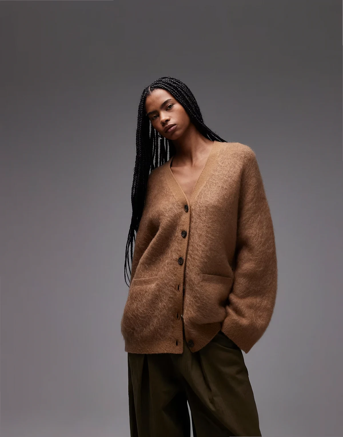 pure wool and mohair blend hairy v neck cardigan with front pockets in brown