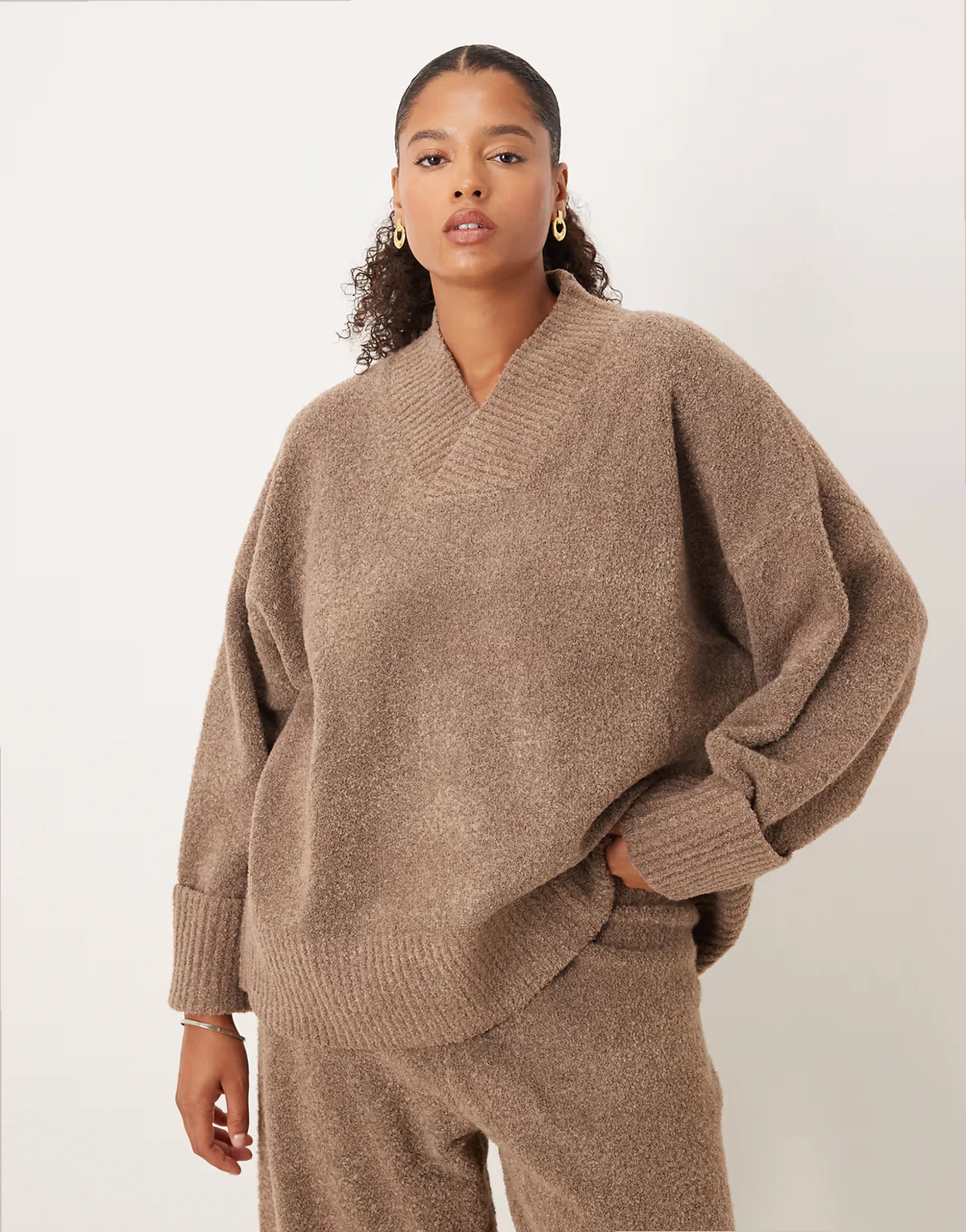 high v-neck textured knit cuff sleeve sweater in deep taupe - part of a set