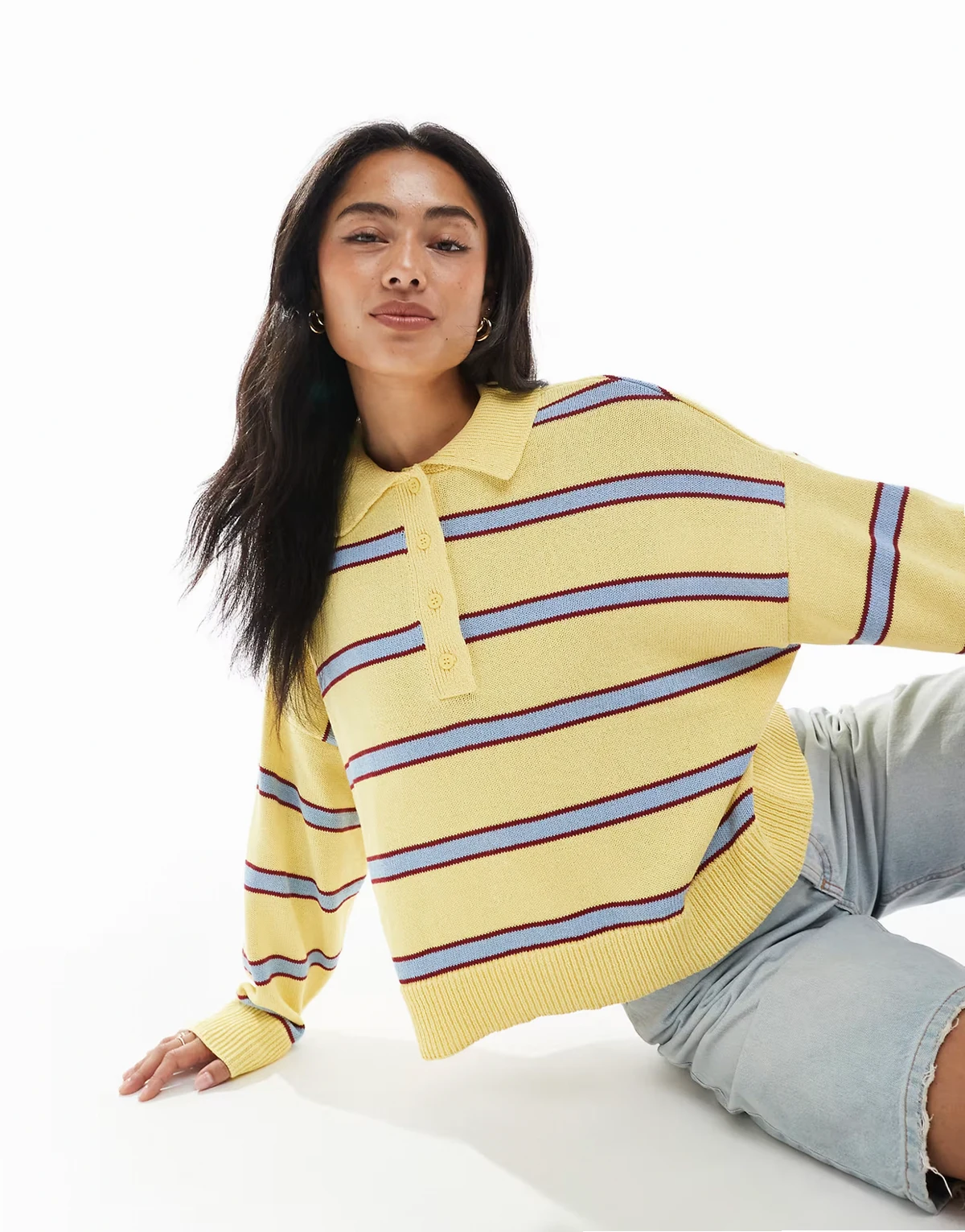 knit polo top in yellow stripe