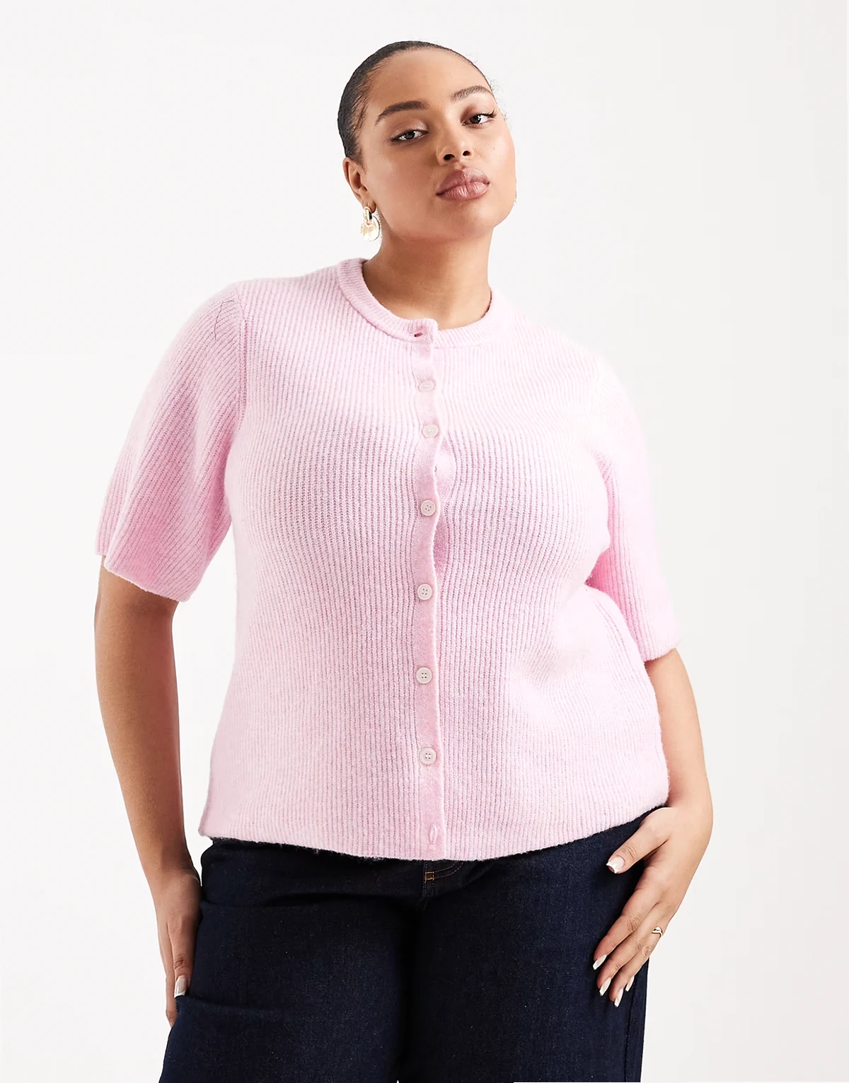 Pieces Curve – Weiche, kurzärmlige Strickjacke in Rosérosa