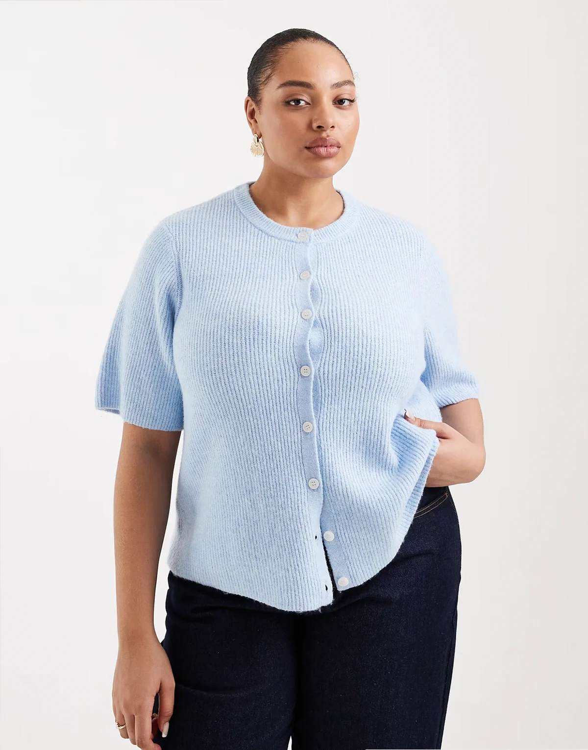 Pieces Curve soft knit short sleeve cardigan in blue