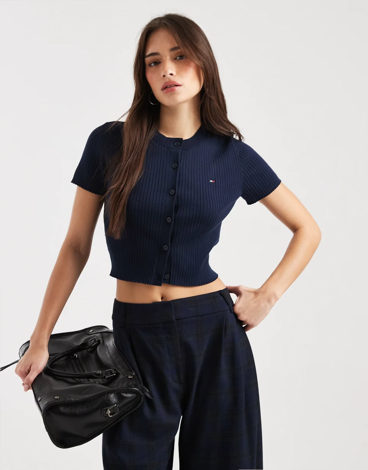 essential rib knit short sleeve cardigan in navy