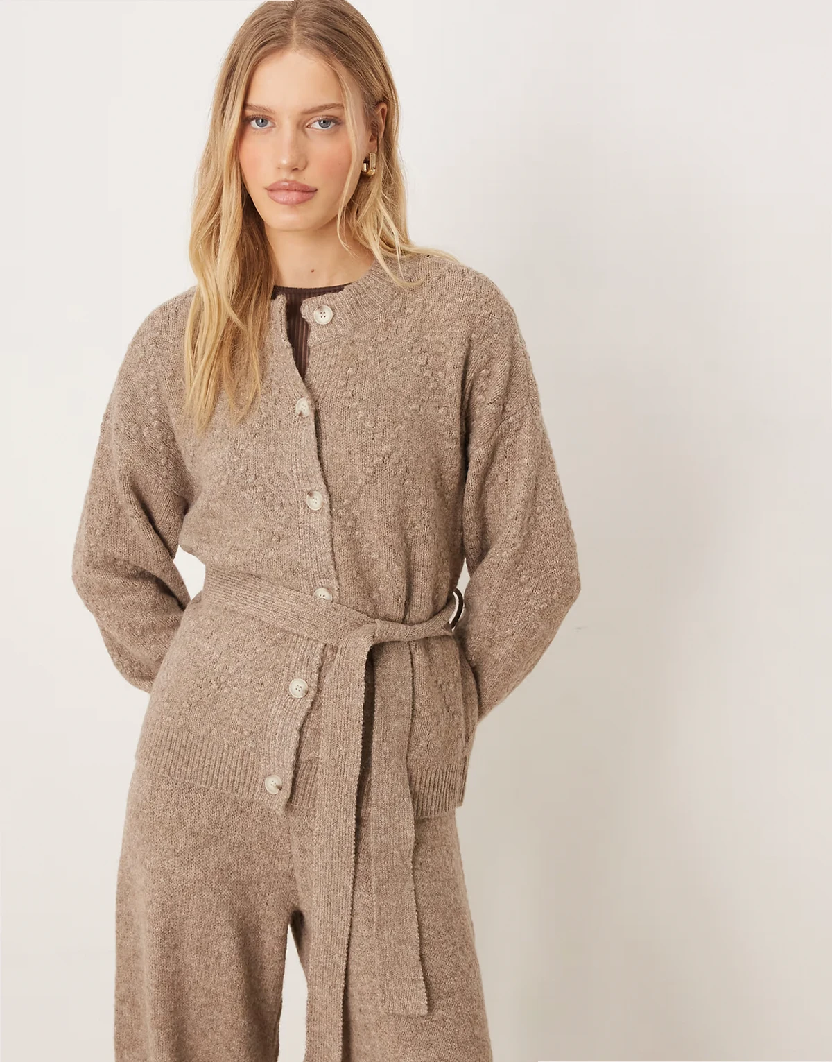 tie waist cable knit cardigan in light brown - part of a set