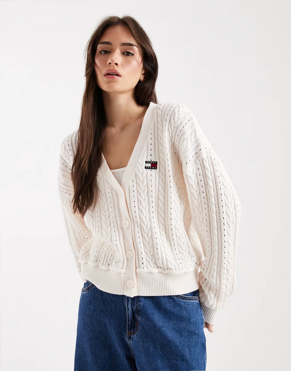 boxy fit cable knit cardigan in cream
