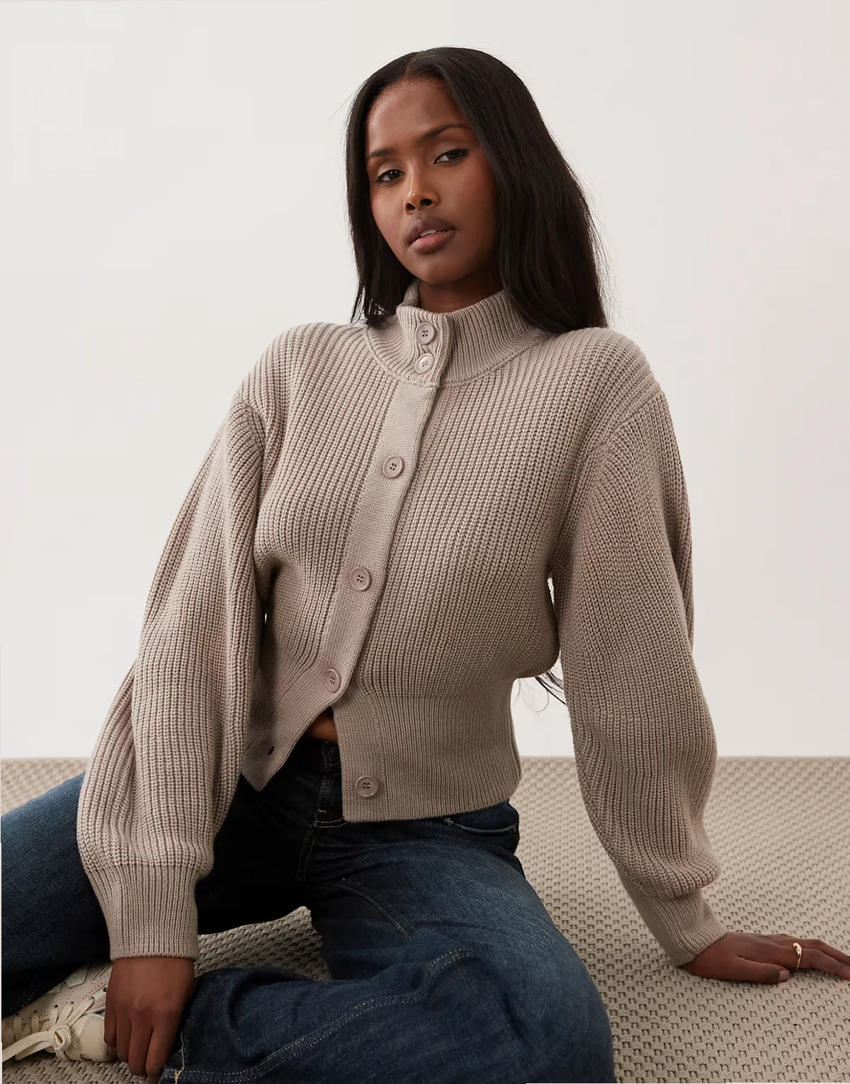 knit funnel neck cardigan in stone
