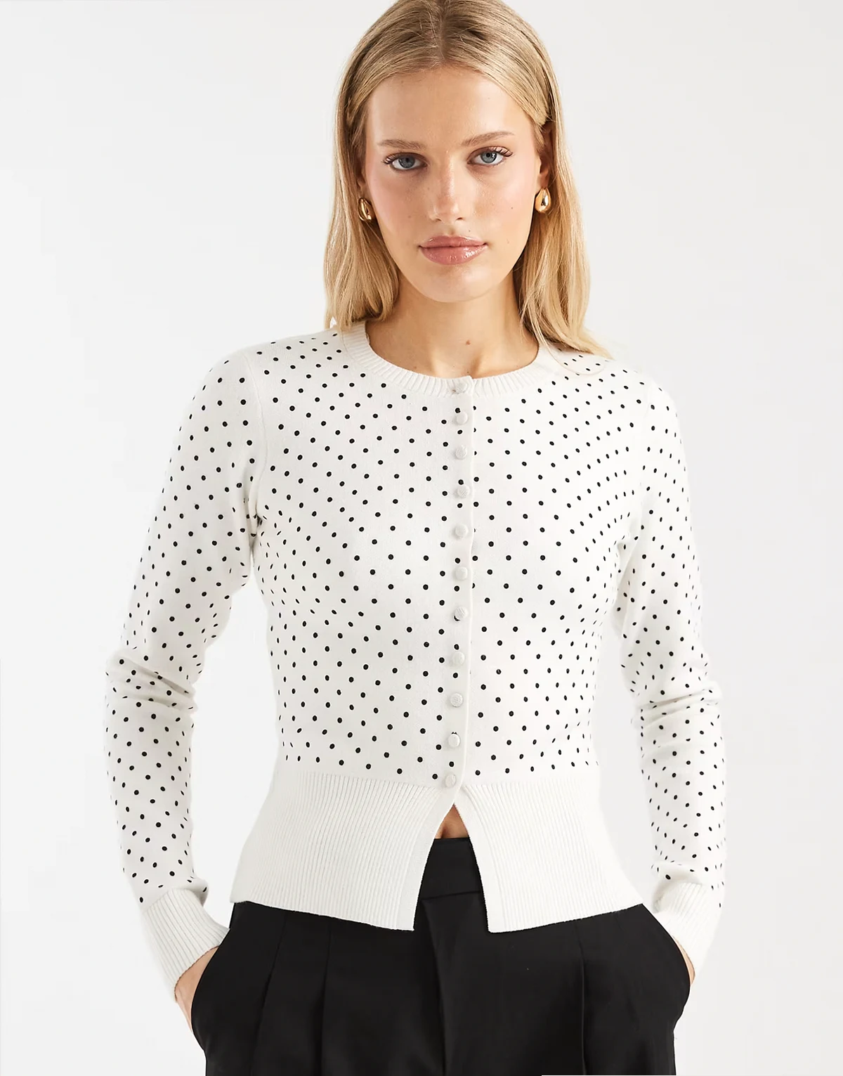 crew neck cardigan with polka dot print in white
