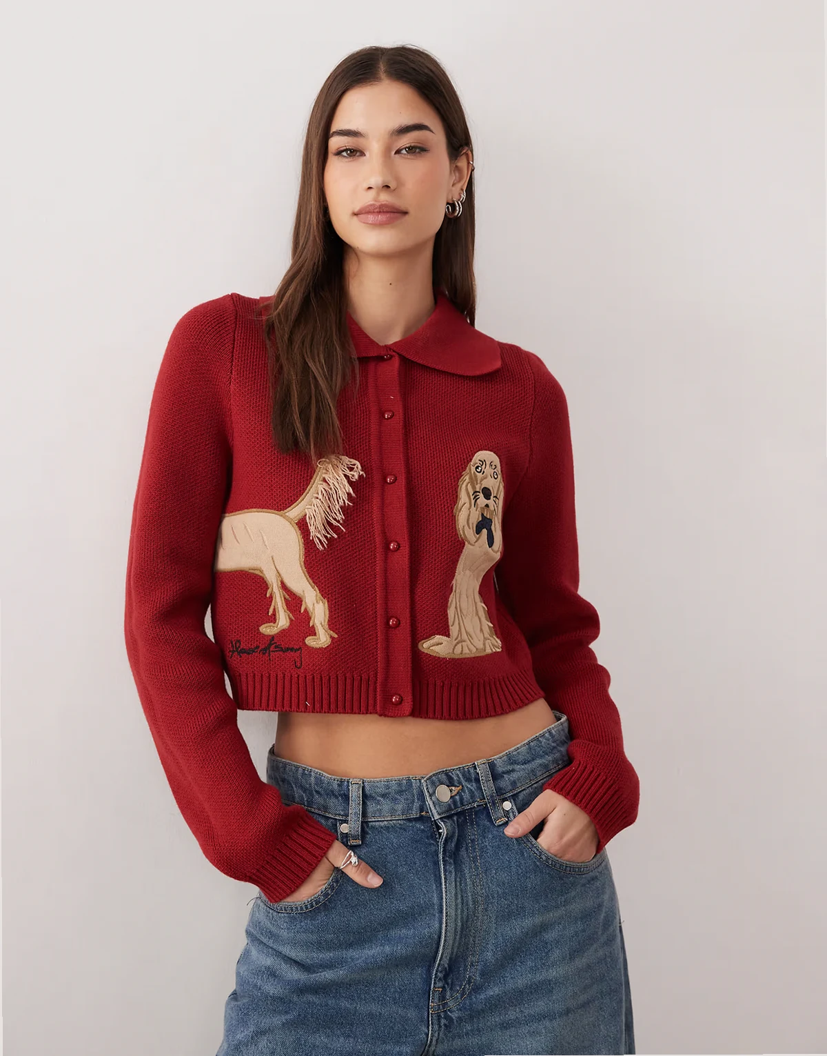 the lady tripper dog cardigan in ruby red